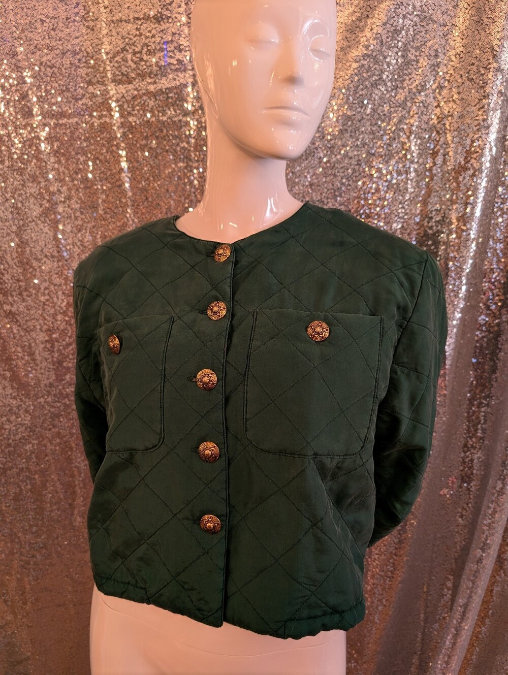Marguerite Li Vintage 100% Silk Quilted Emerald Green Cropped Jacket – Size M/M